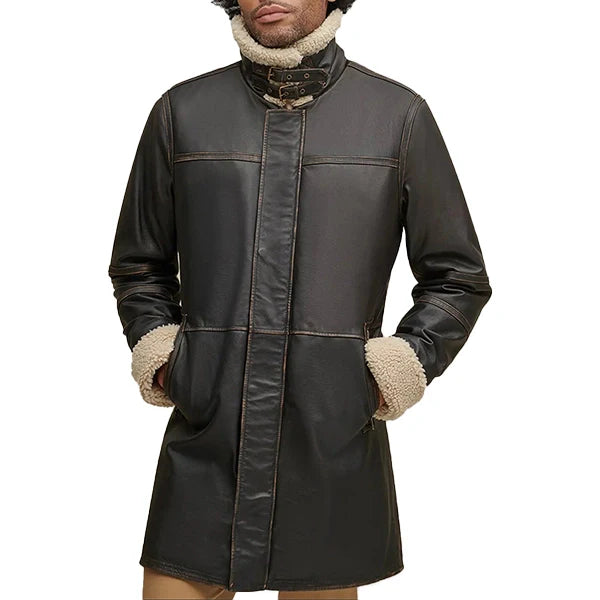 Mens Black Distressed Full Length Leather Coat