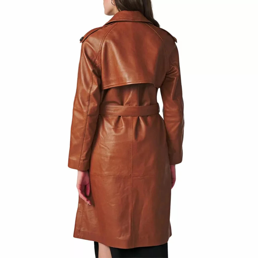 Genuine Brown Leather Trench Coat For Women