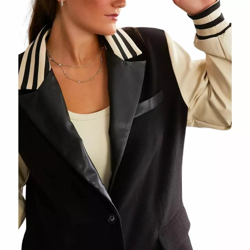 Womens Black Wool Varsity Jacket With White Leather Sleeves