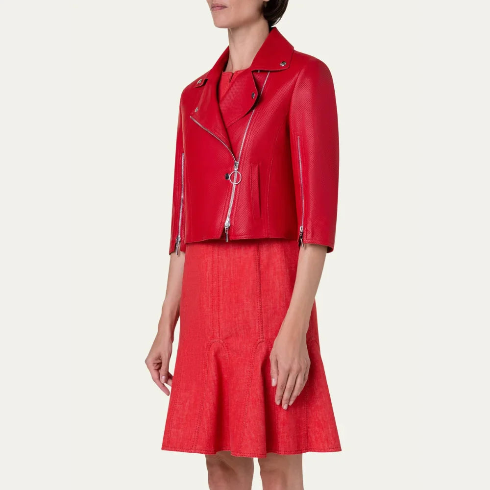 Womens Red Cropped Leather Moto Jacket