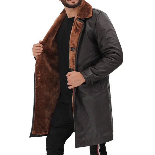 Men's Brown Genuine Leather Shearling Trench Coat