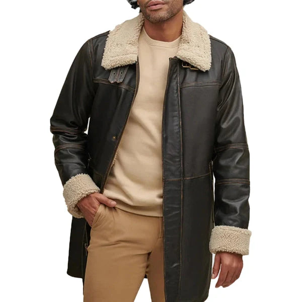 Mens Black Distressed Full Length Leather Coat