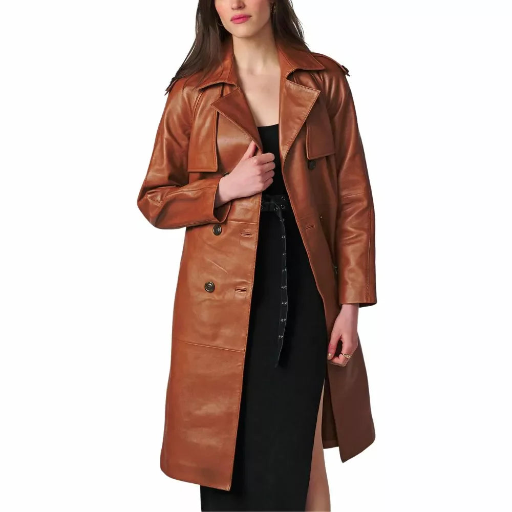 Genuine Brown Leather Trench Coat For Women