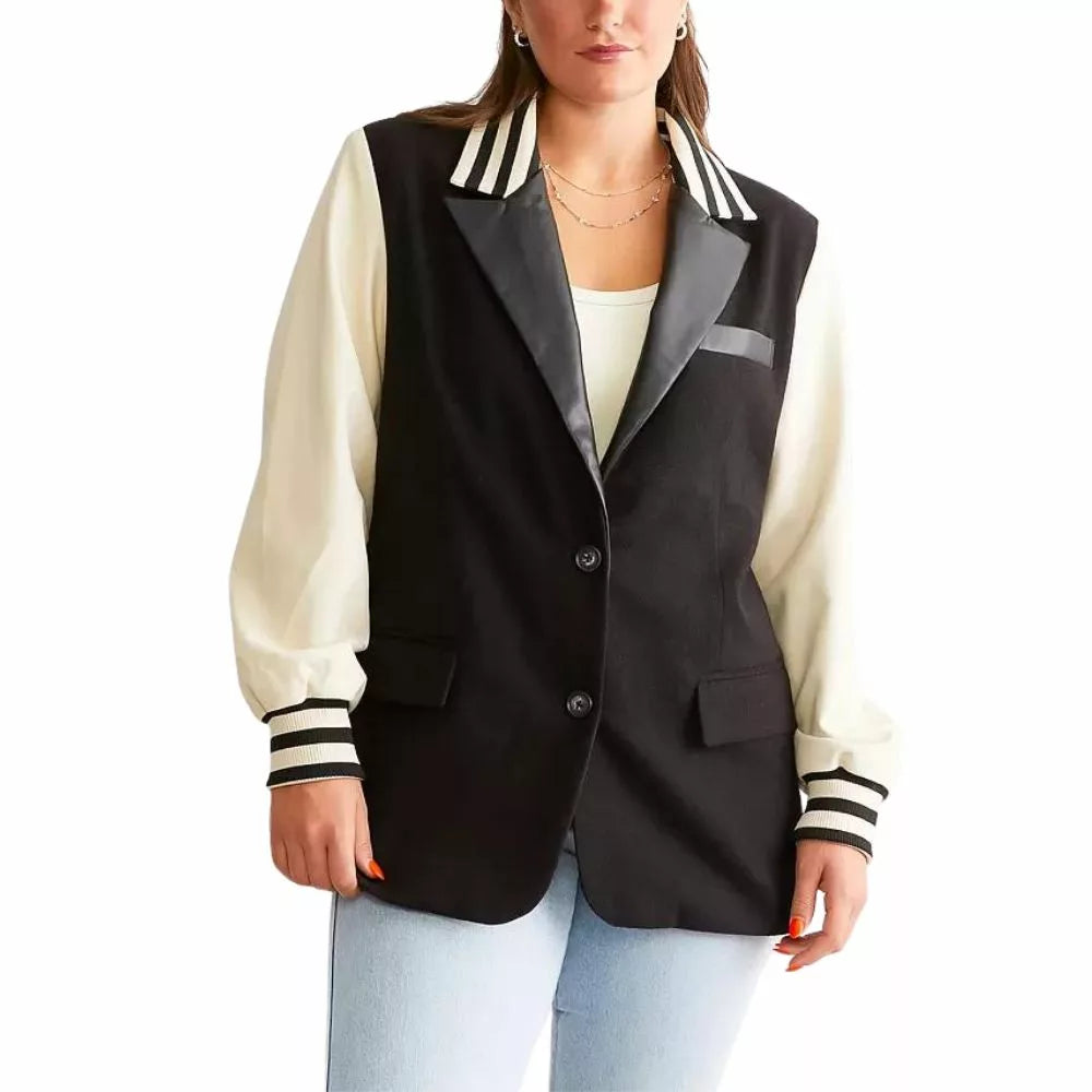 Womens Black Wool Varsity Jacket With White Leather Sleeves