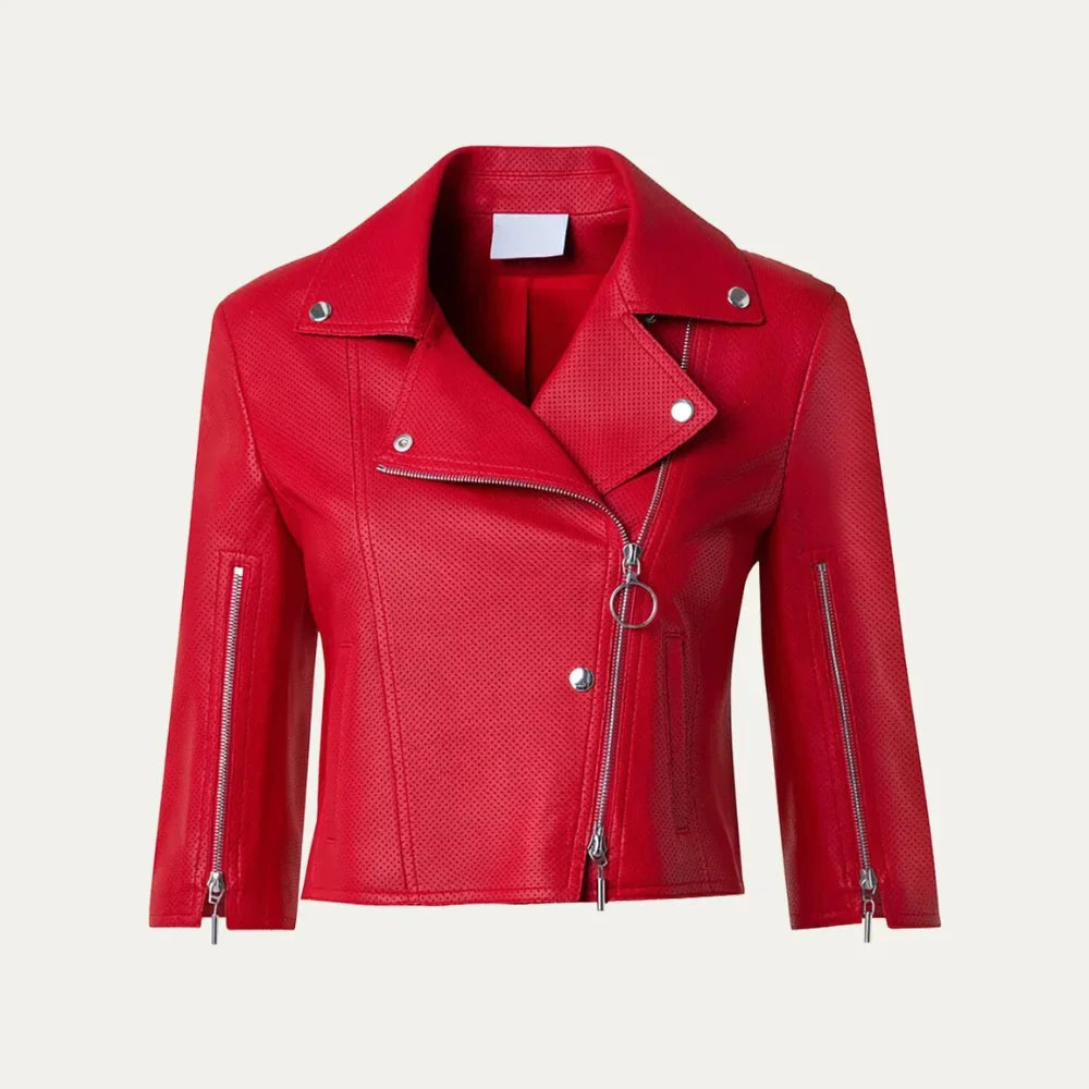 Womens Red Cropped Leather Moto Jacket