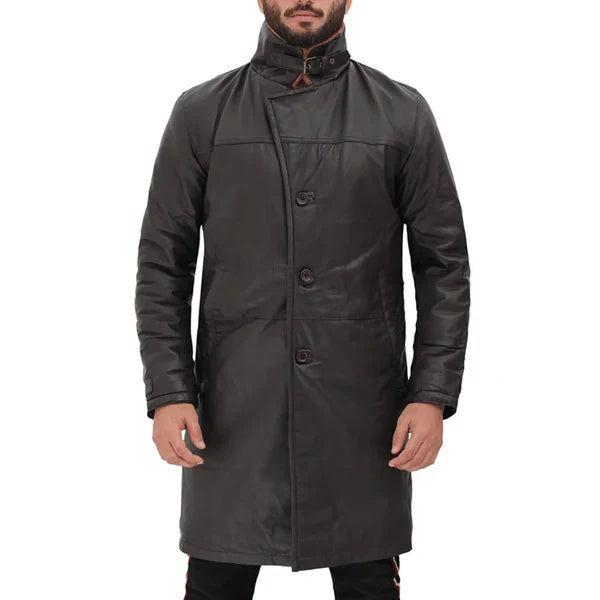 Men's Brown Genuine Leather Shearling Trench Coat