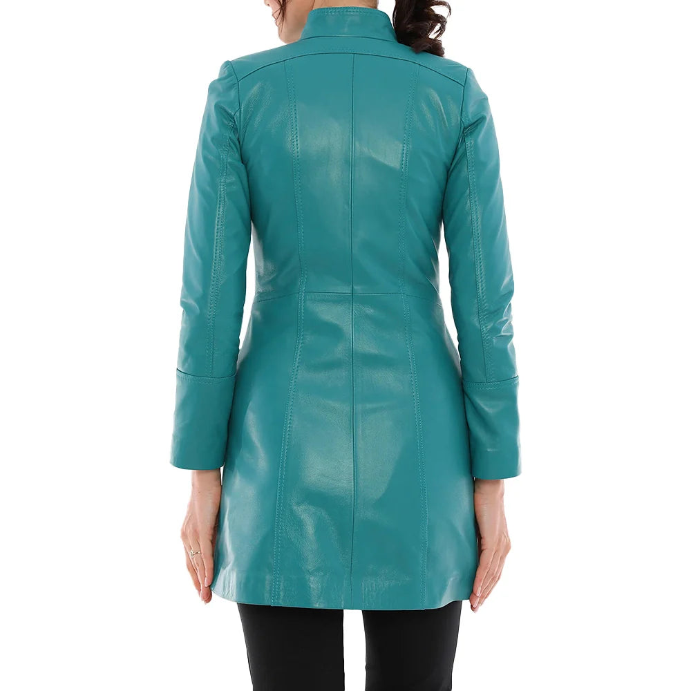 Ailsa Turquoise Blue Leather Trench Coat