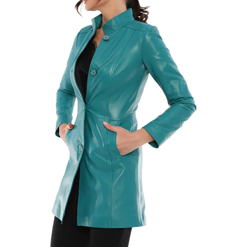 Ailsa Turquoise Blue Leather Trench Coat