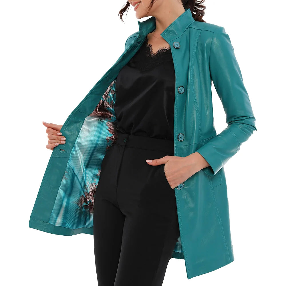 Ailsa Turquoise Blue Leather Trench Coat