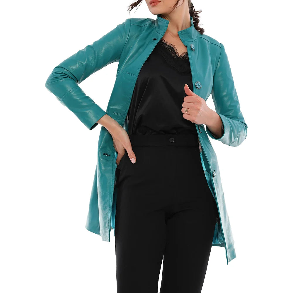 Ailsa Turquoise Blue Leather Trench Coat