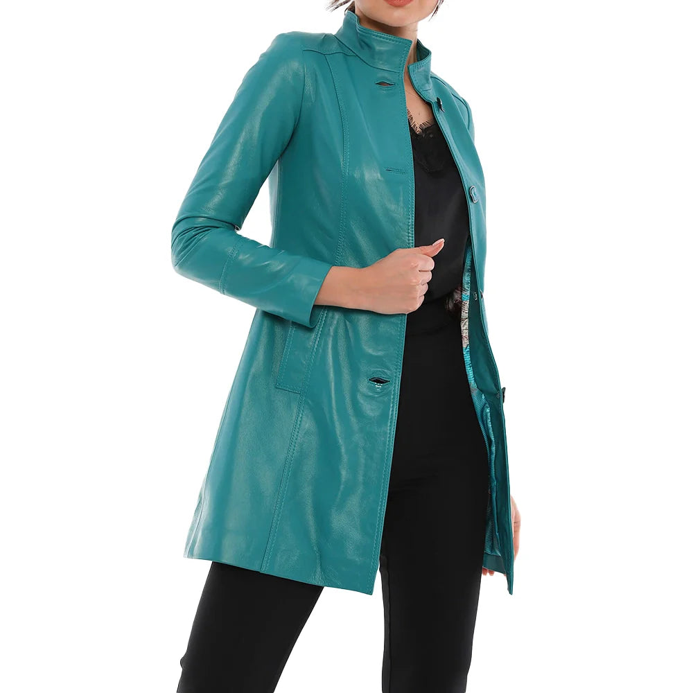 Ailsa Turquoise Blue Leather Trench Coat