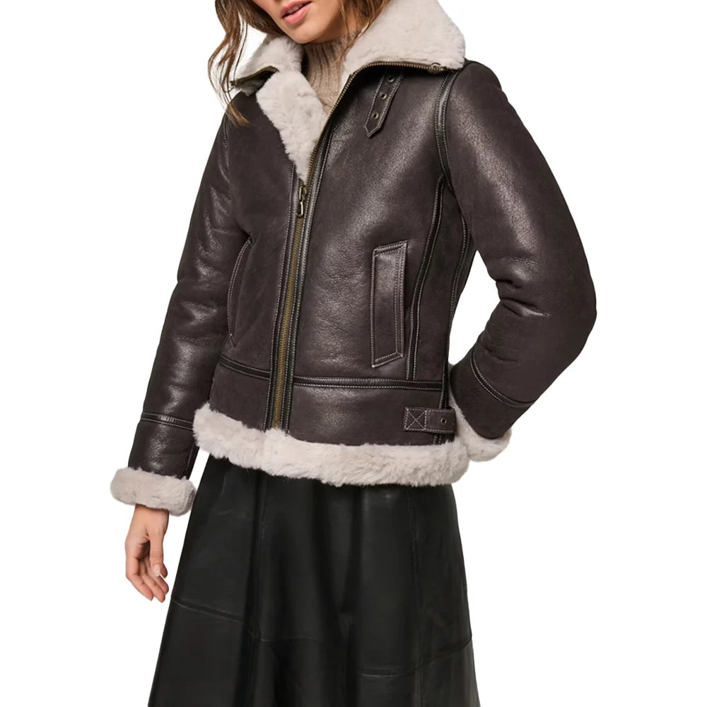 Women’s Dark Brown Leather Shearling Coat Aviator Jacket