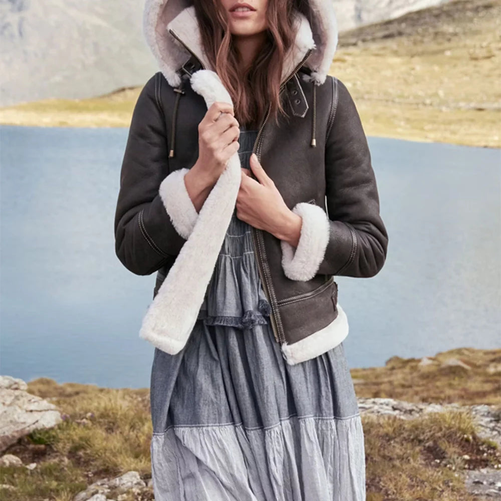 Women’s Dark Brown Leather Shearling Coat Aviator Jacket