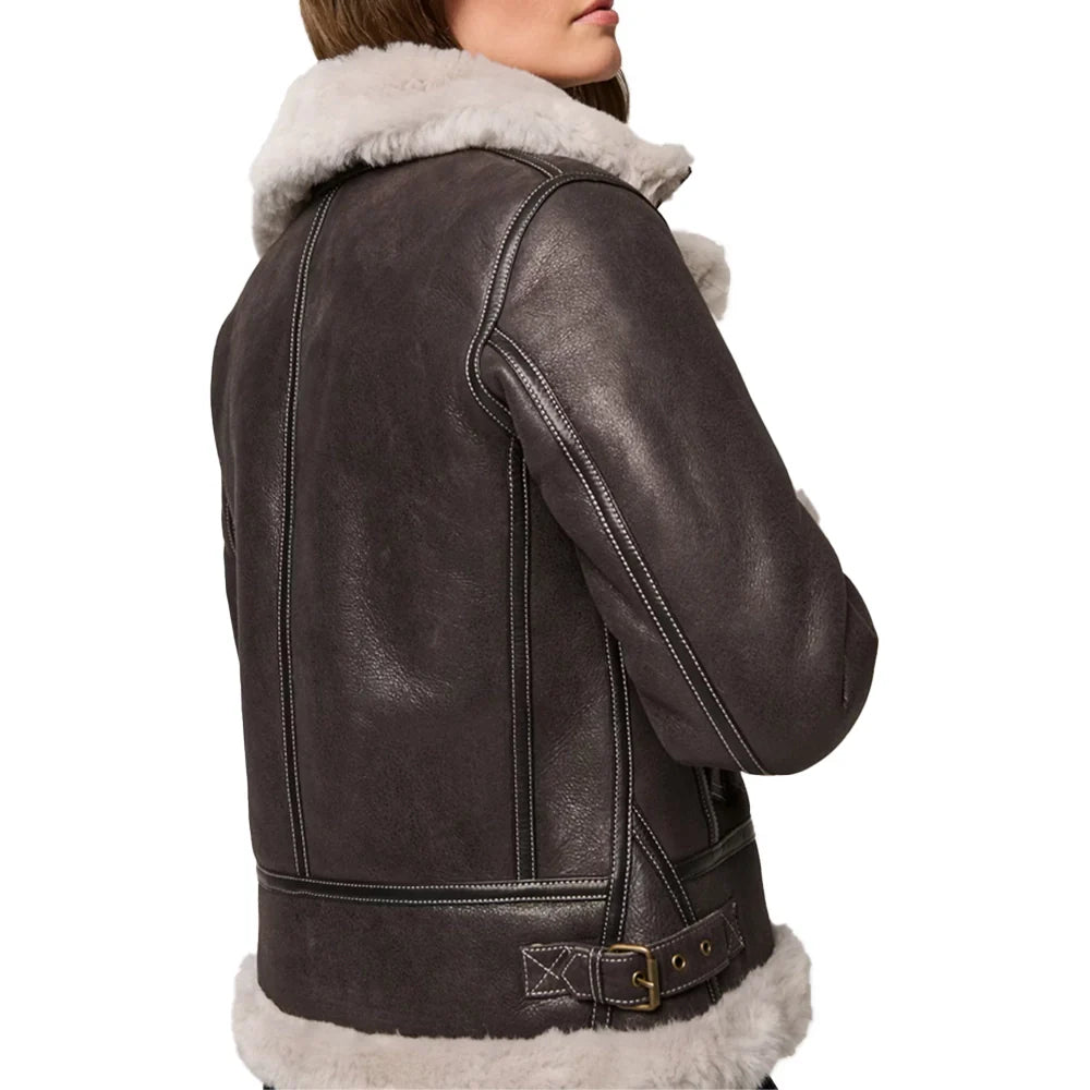 Women’s Dark Brown Leather Shearling Coat Aviator Jacket