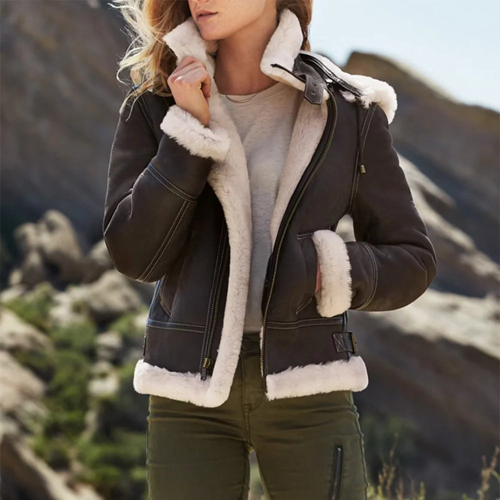 Women’s Dark Brown Leather Shearling Coat Aviator Jacket