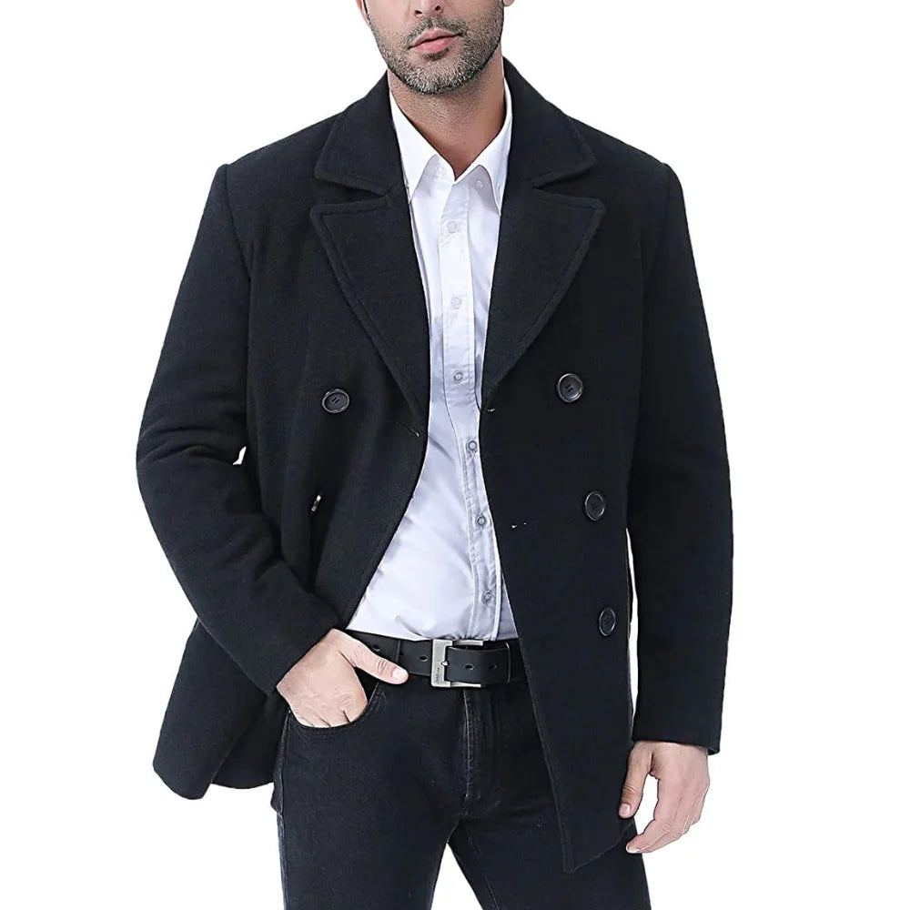 Men Double Breasted Black Pea coat Men Wool Coat