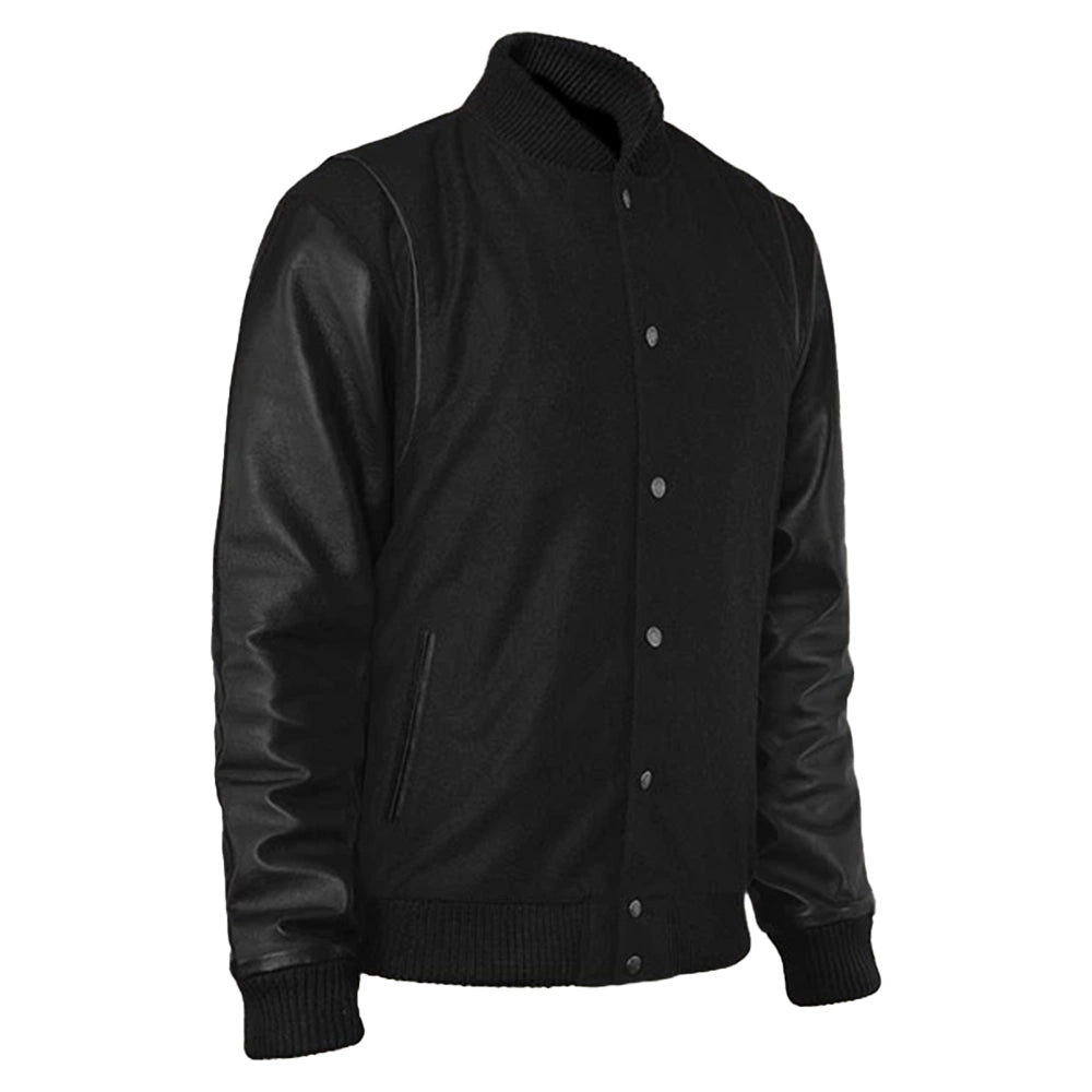 Men’s Black Varsity Jacket with Leather Sleeves – Cotton Body