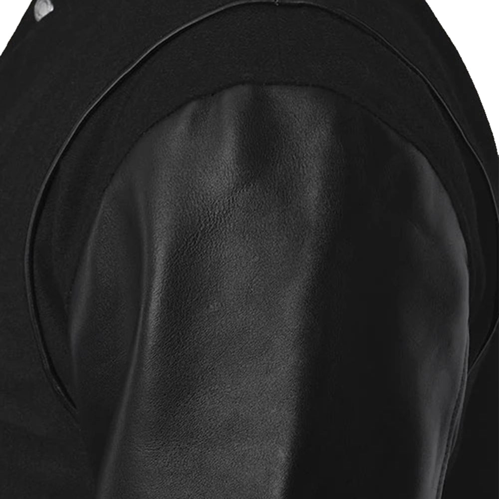 Men’s Black Varsity Jacket with Leather Sleeves – Cotton Body