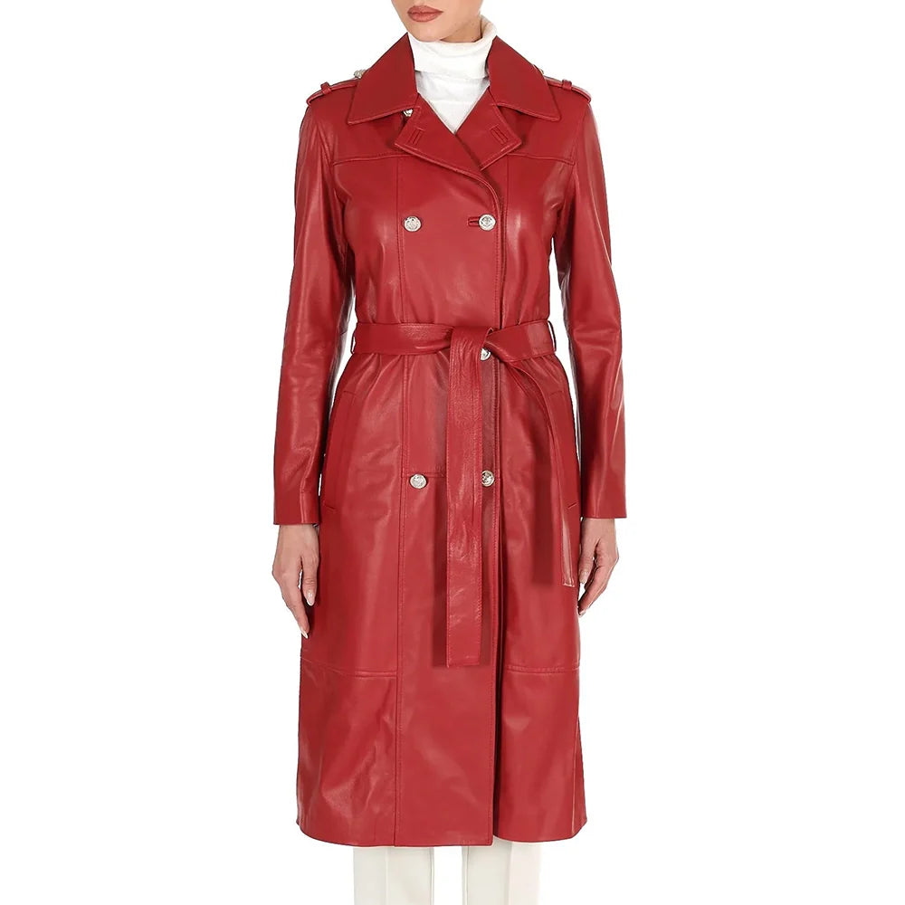 Leather Coat Red Double Breasted