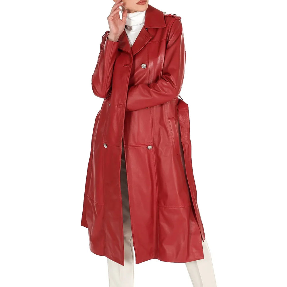 Leather Coat Red Double Breasted