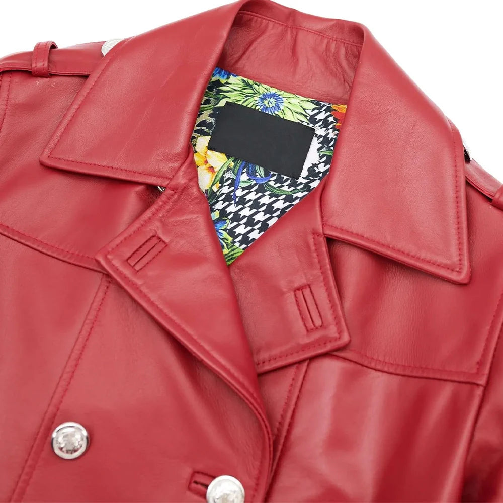 Leather Coat Red Double Breasted