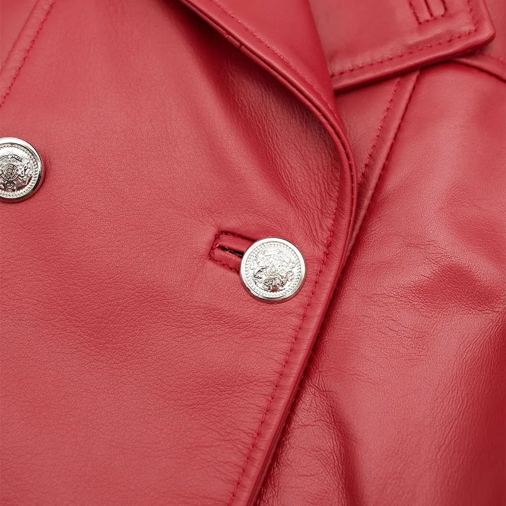 Leather Coat Red Double Breasted