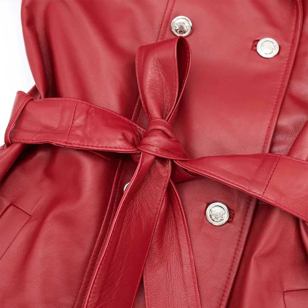 Leather Coat Red Double Breasted