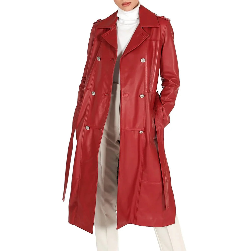 Leather Coat Red Double Breasted