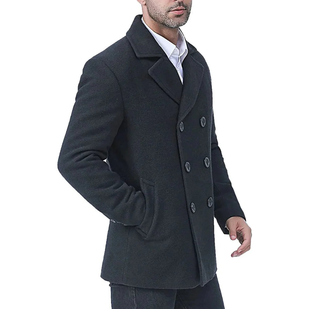 Men Double Breasted Black Pea coat Men Wool Coat