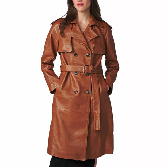Genuine Brown Leather Trench Coat For Women