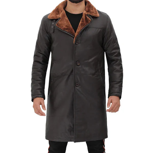 Men's Brown Genuine Leather Shearling Trench Coat