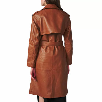Genuine Brown Leather Trench Coat For Women