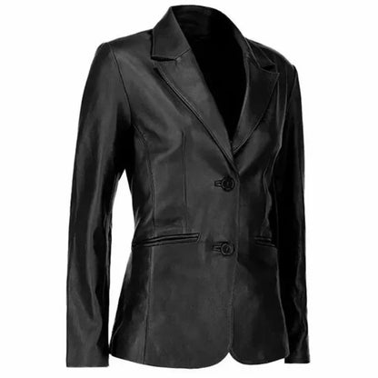 Womens Two Button Black Leather Blazer