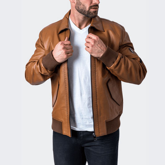 Classic Collar Real Leather Brown Jacket for Men