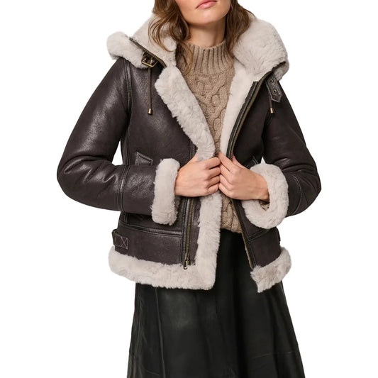 Women’s Dark Brown Leather Shearling Coat Aviator Jacket