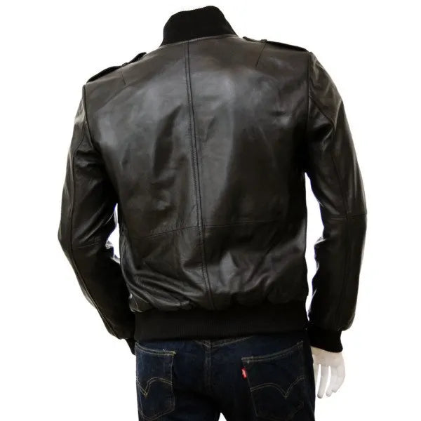 Mens Black Leather Bomber Jacket