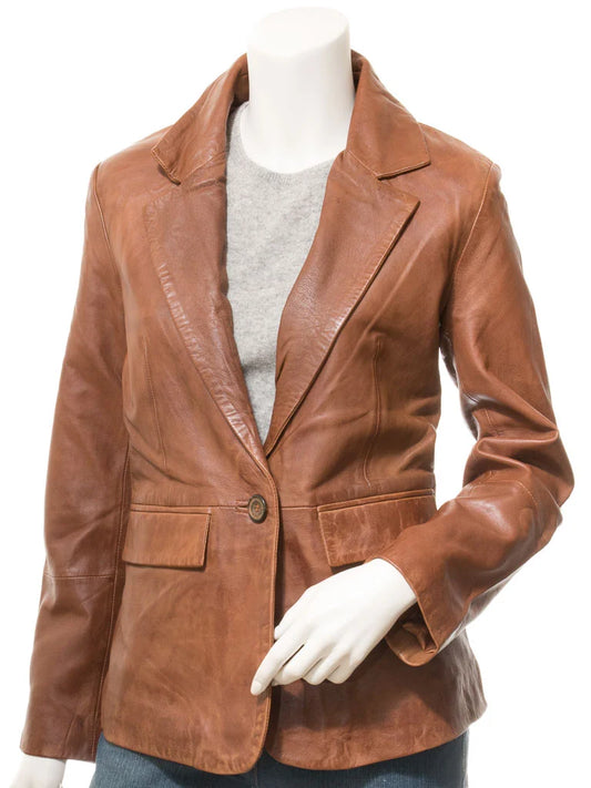 Women’s Brown Leather Blazer Two Button Coat