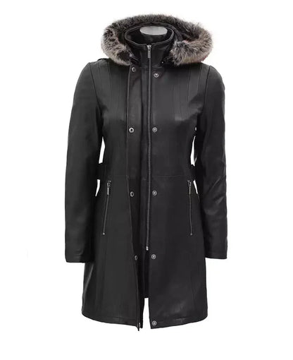 Womens Black Leather Coat with Detachable Fur Hood