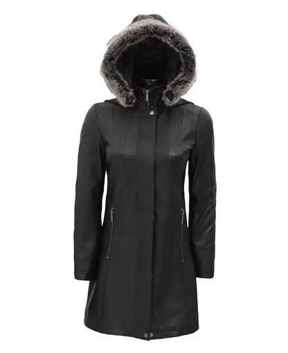 Womens Black Leather Coat with Detachable Fur Hood