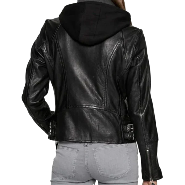 Womens Black Cafe Racer Jacket with Detachable Hood