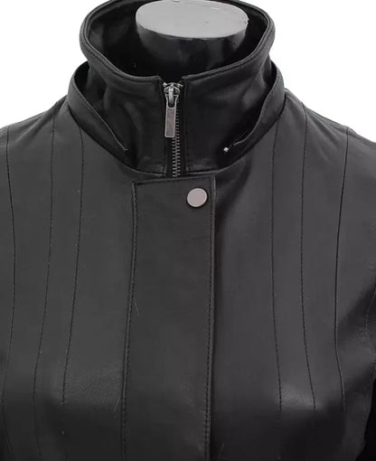 Womens Black Leather Coat with Detachable Fur Hood