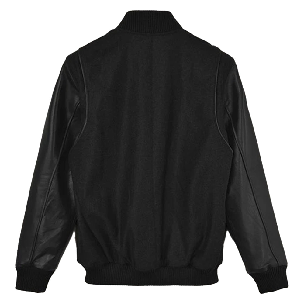 Men’s Black Varsity Jacket with Leather Sleeves – Cotton Body