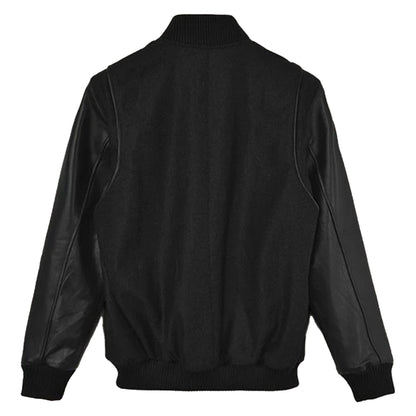 Men’s Black Varsity Jacket with Leather Sleeves – Cotton Body