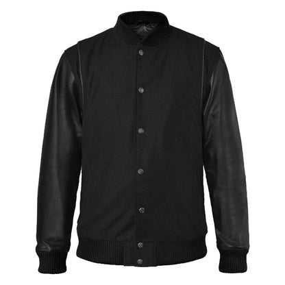 Men’s Black Varsity Jacket with Leather Sleeves – Cotton Body