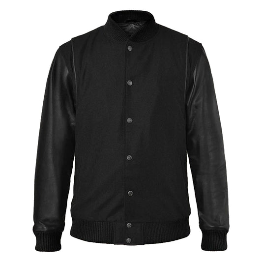 Men’s Black Varsity Jacket with Leather Sleeves – Cotton Body
