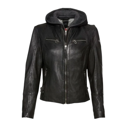 Womens Black Cafe Racer Jacket with Detachable Hood